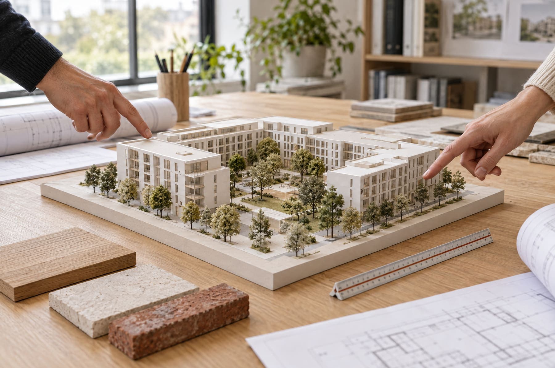 Architektonický model bytového domu s vnitroblokem na stole